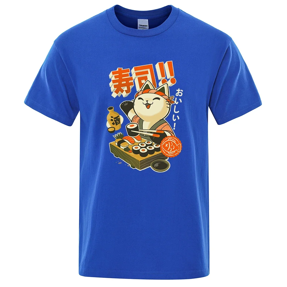 Japão Sushi Chef Cat Cartoons Homens Tshirt Oversized Loose Clothes Street Cotton T Shirts Moda Camisetas Casual Brand Tshirt