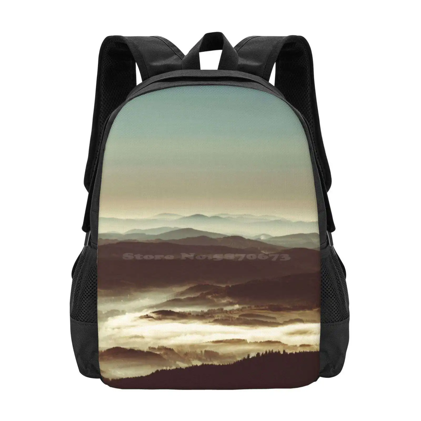 White Sea Pattern Design Laptop Travel School Bags Nature Landscape Mountains Fall Autumn Sunrise Clouds Sky Haze Fog Mist