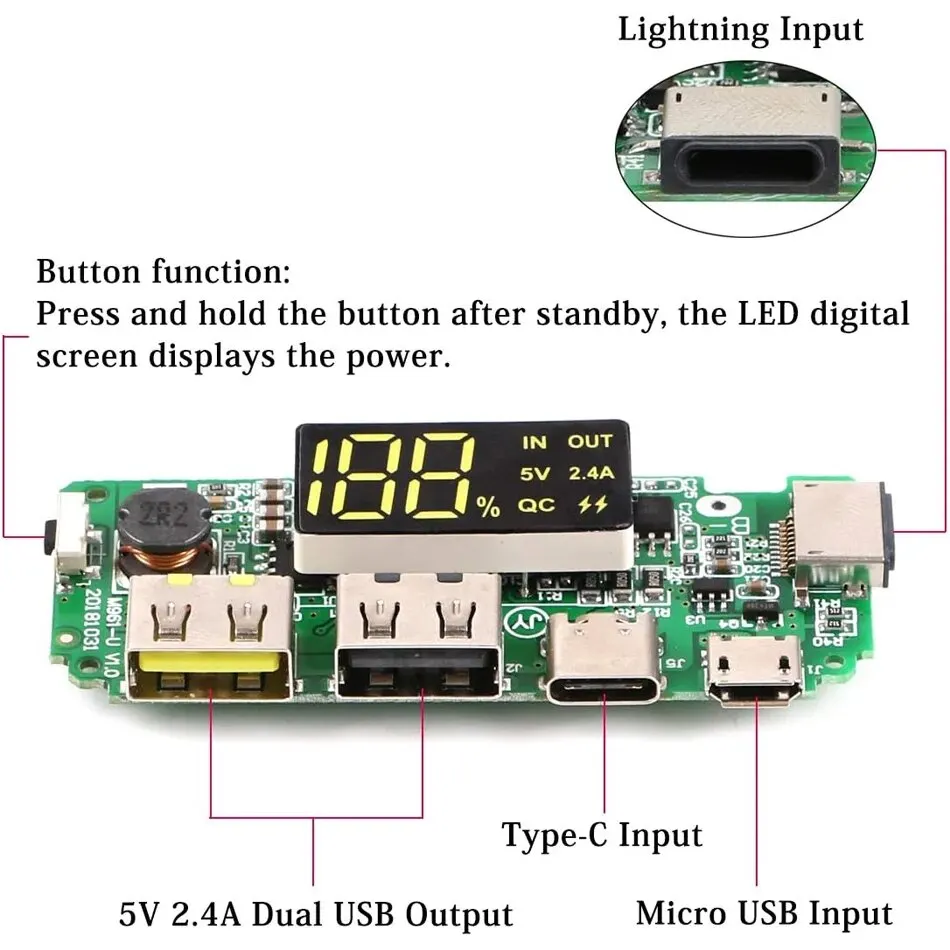 2 szt. 18650 ładowarka do akumulatorów litowych 5V 2.4A podwójna płytka drukowana USB cyfrowy moduł wyświetlacza LCD z nadmiernym rozładowaniem