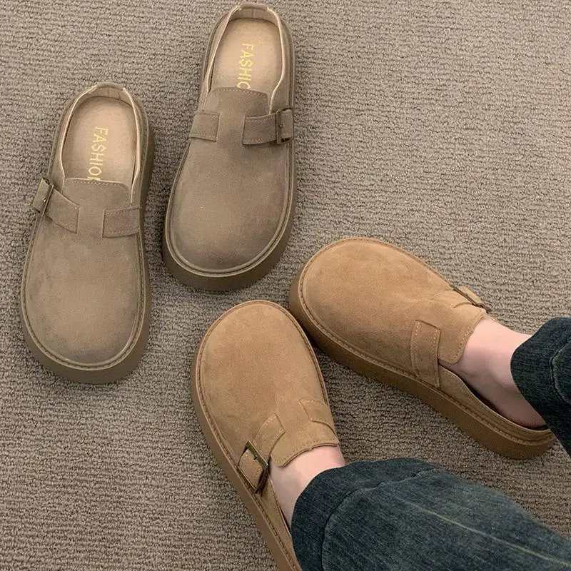 Women's Summer Outdoor Thick Bottom Slip-On Shoes Fashionable Casual Retro Birkenshoes Velvet Surface Korean Style with Buckle
