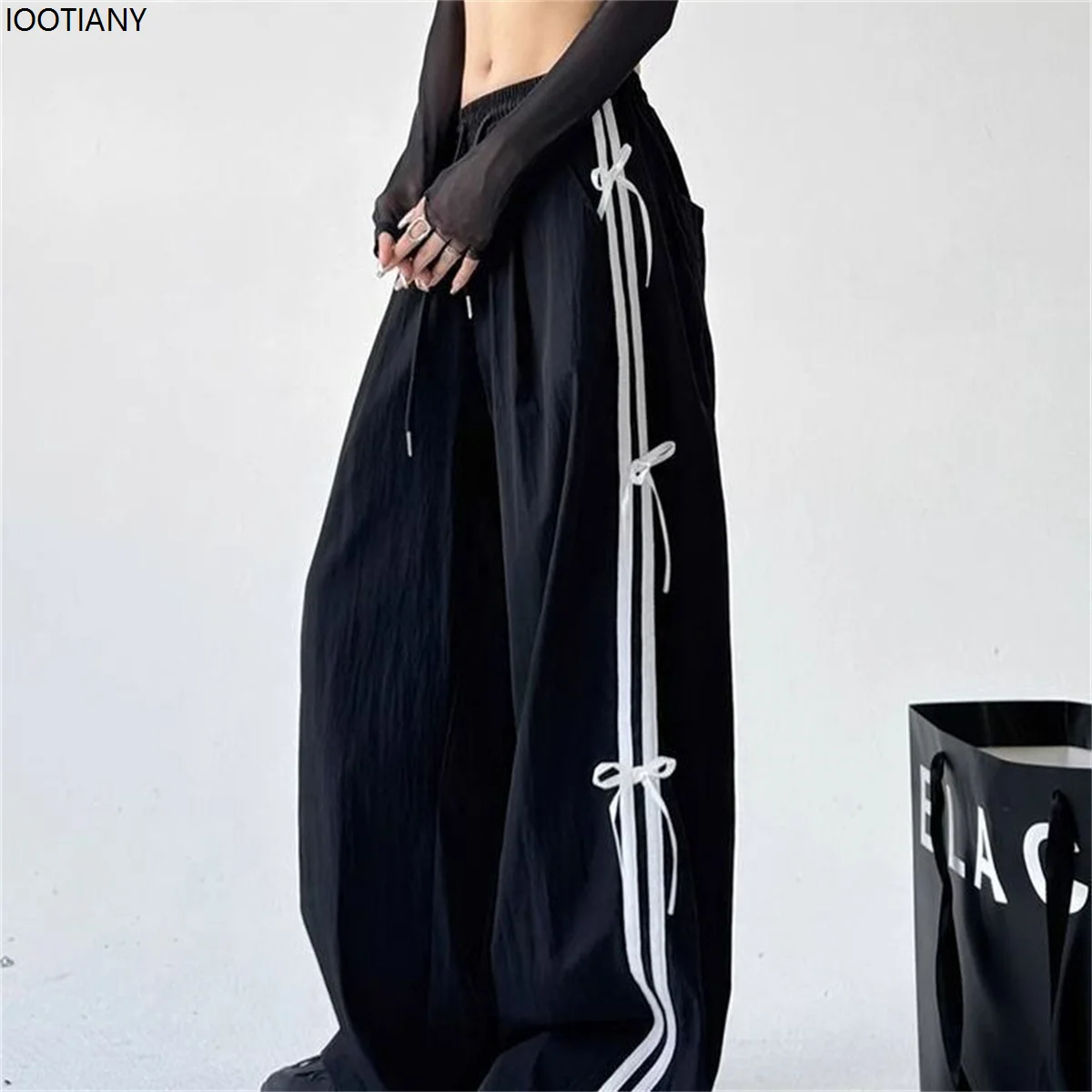 Retro Side Stripe Bowknot Wide Leg Pant Women's High Waist Thin Casual Sports Pants Harajuku Overalls Street Hip Hop Jogging Pan
