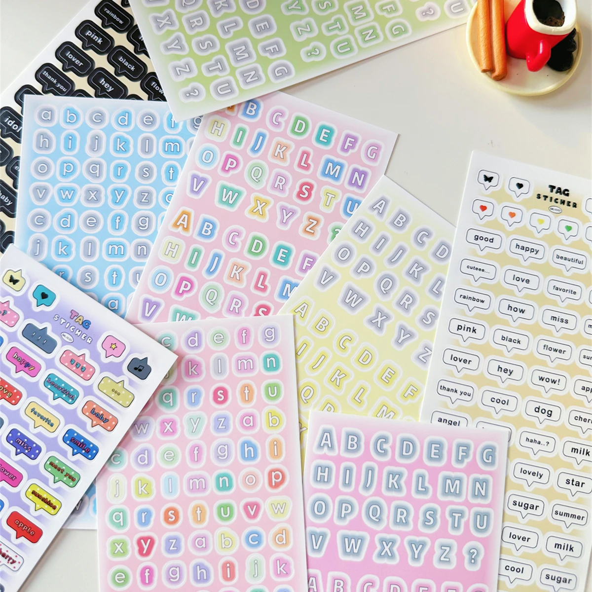 MINKYS 2pcs Kawaii Gradient Letter Words Kpop Photocards Basic Dialog Sticker DIY Scrapbook Stickers Confetti Stationery
