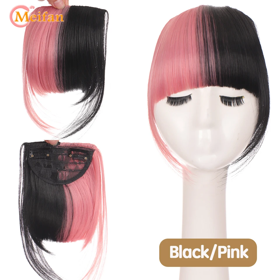 MEIFAN-flequillo corto sintético para mujer, extensiones de cabello postizo Natural, color negro, rojo y rosa