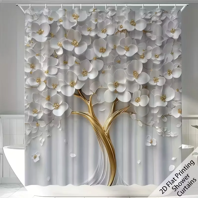 

VIKAMA Fresh Golden Branch White Floral Shower Curtain Wet/Dry Separation Bathroom Shower Partition Curtain Home Decor