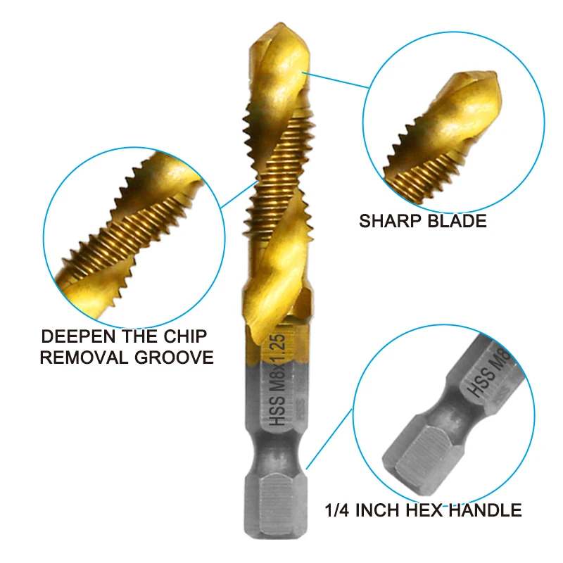 6pc High Speed Steel M3-M10 Titanium Plated Composite Tap Hexagonal Drill and Tap Integrated Tap Machine with Hole Chamfer Tool