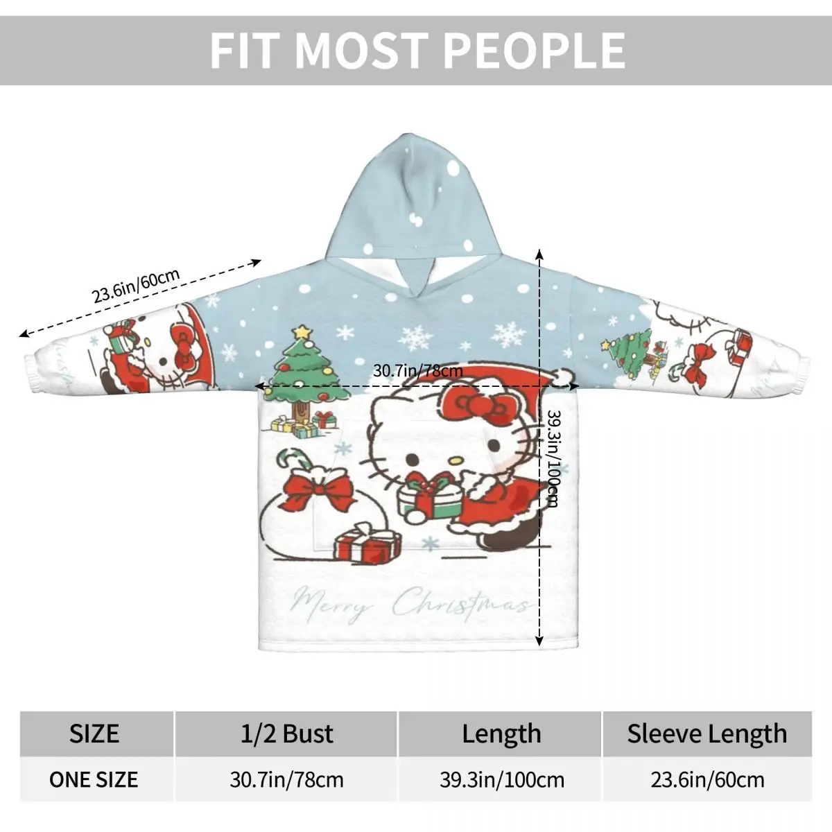 ハローキティ クリスマス 冬 雪柄 オーバーサイズ ブランケット パーカー スウェットシャツ ロング フリース フード付き ウェアブルブランケット 大きなポケット付き
