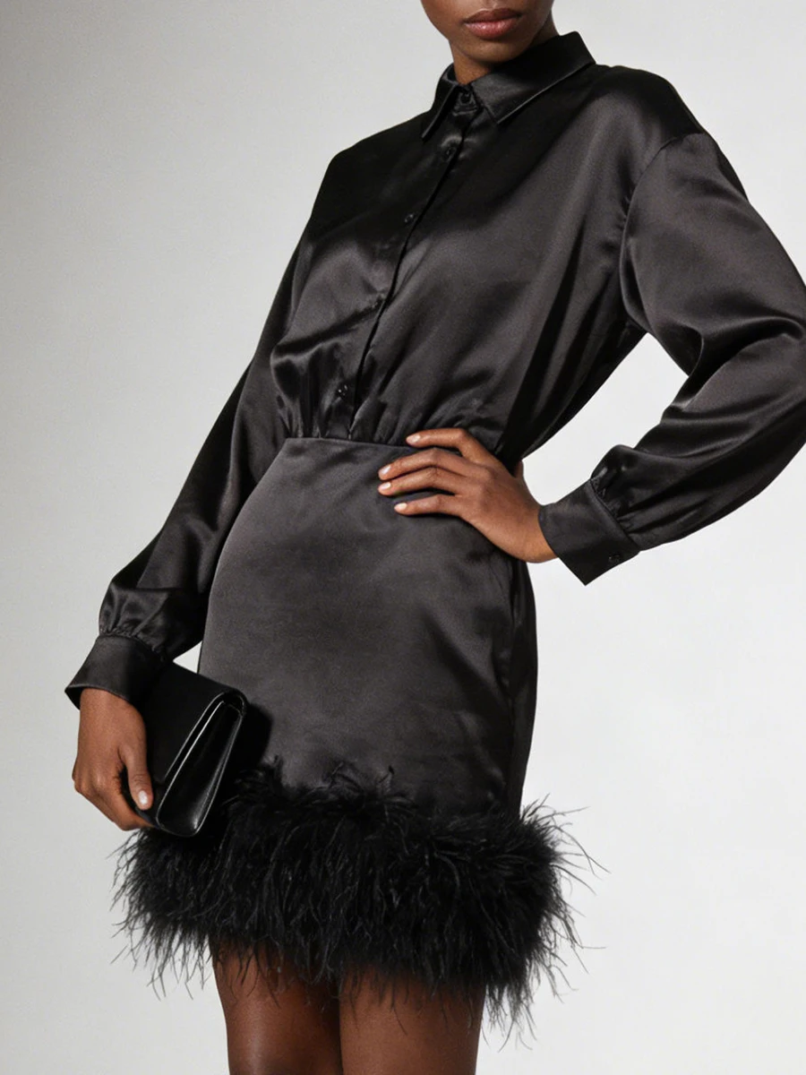 فساتين VGH صغيرة أنيقة للتخسيس من الساتان للنساء مع طية صدر السترة وأكمام طويلة وخصر عالٍ فستان أنيق من الريش موضة نسائية #6