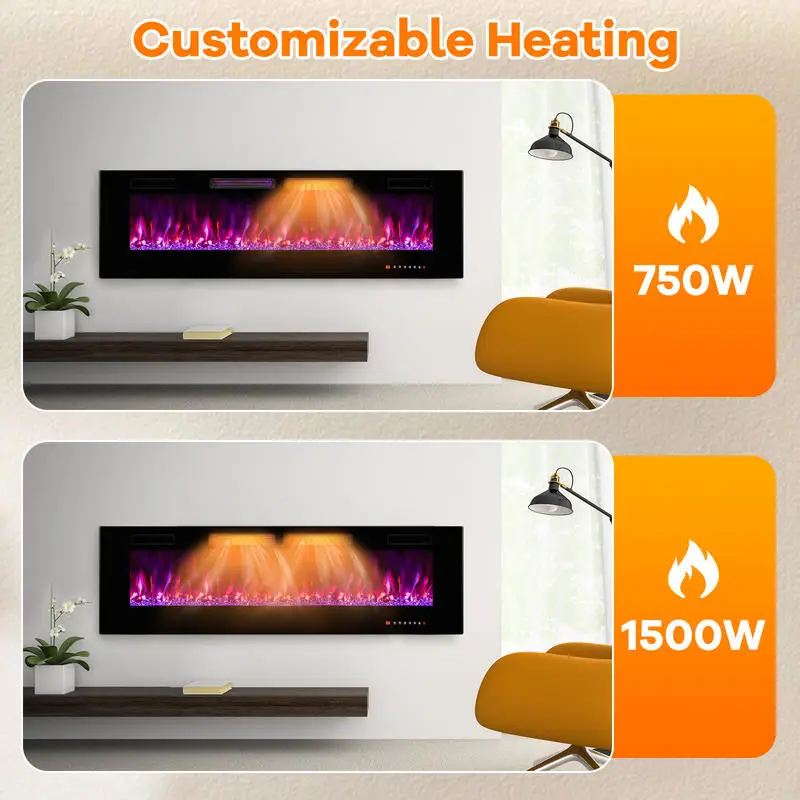

42/50/60/72 Inch Ultra-Thin Electric Fireplace with Decorative Crystals-60 inches