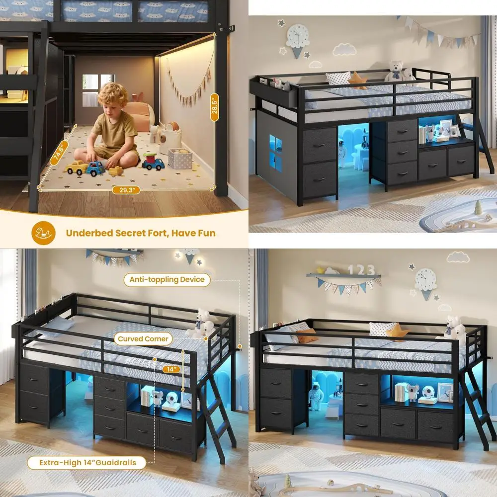 

Twin Size Metal Low Loft Bed with 7 Drawers, Bookcase, LED Lights, Safety Rail, Ladder, Play Curtain, and Under-Bed Play Area in