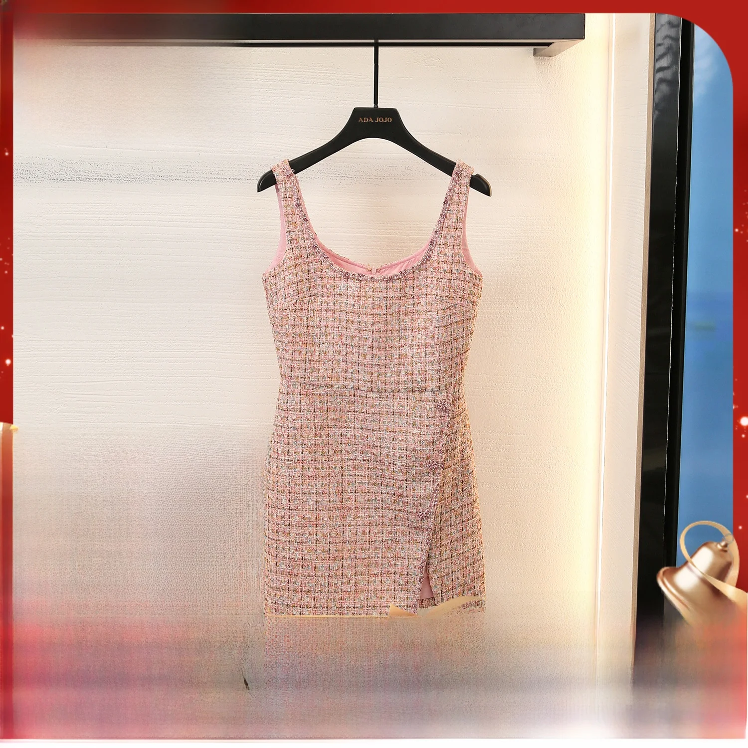 

MaSandeSP White Dr Women's New 2023 Heavy Bead Embellied Belted Svel Coarse Tweed High Waist A-Line Dr