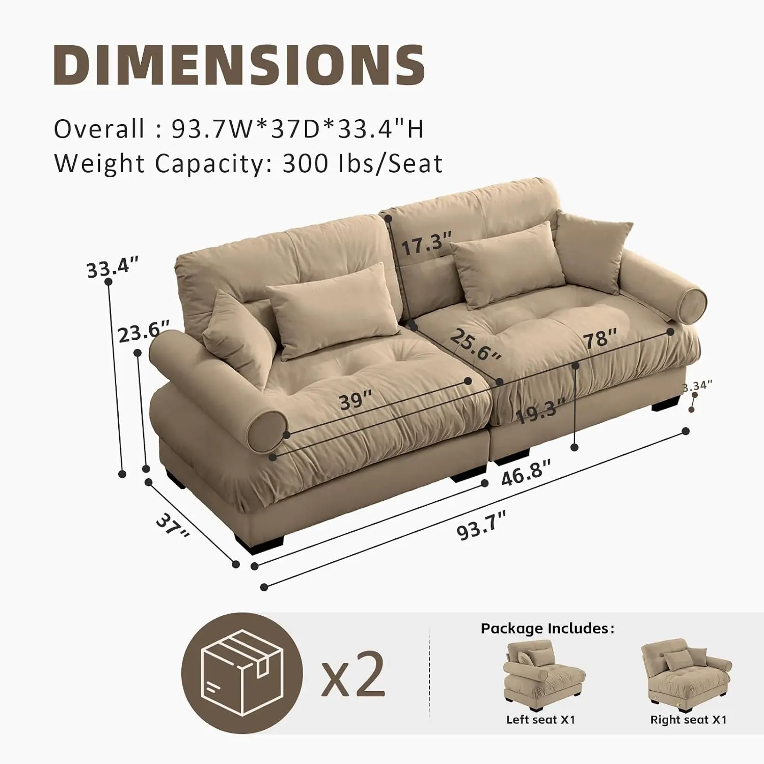 2-Seater Velvet Loveseat Cloud Sofa,Camel, Customized