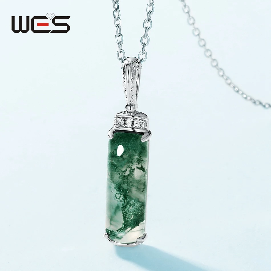 WES 925 Sterling Silver Pendant Necklace for Woman 5*15mm Natural Gemstone Moss Agate Anniversary Fashion Certified Jewelry Band