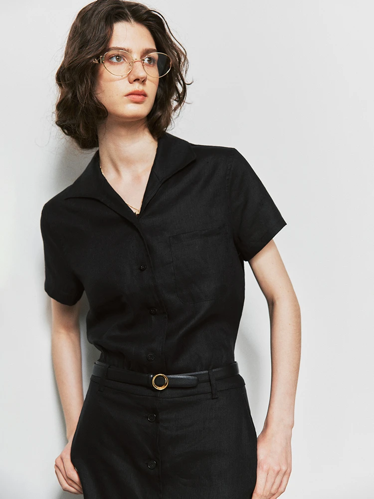 Loose Fit Linen Shirt And Straight Leg Short Sleeve Button up Women's Fashion Set Summer Business Style Two-Piece Suit