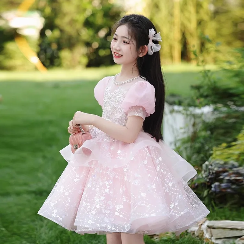 

hot selling high-end childrens birthday dress Summer girl fluffy princess dress Piano performance costume flower fairy elf skirt