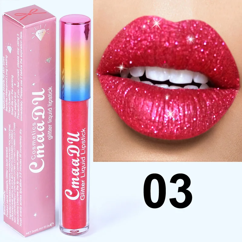 CmaaDu Shimmer Lip Gloss Diamond Glitter Lip Tint Waterproof Long Lasting Matte Liquid Lipstick Red Purple Lipgloss Women Makeup