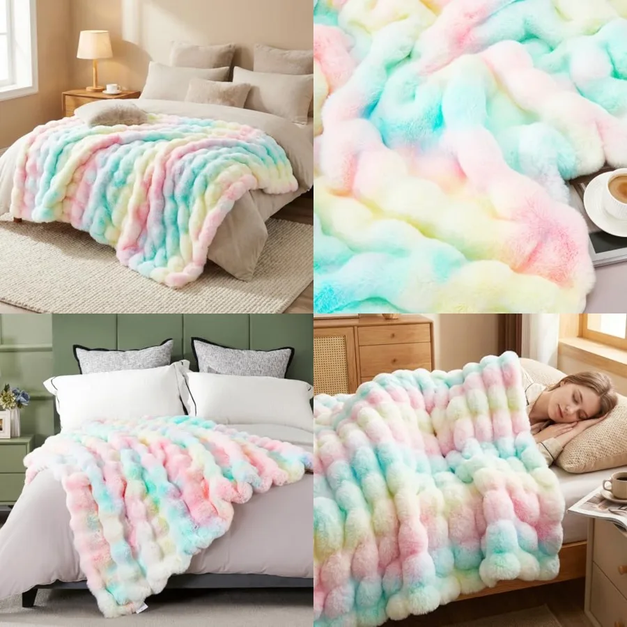

Soft Faux Bubble Rabbit Fur Throw Blanket for Couch, Thick Cozy Decorative Colorful Warm Fuzzy Fur Blanket for Sofa Chair Bedro