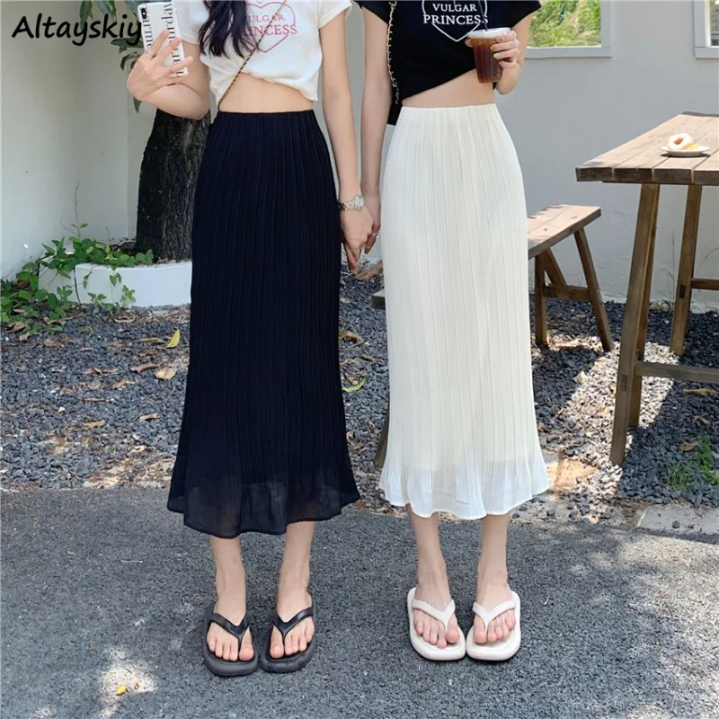 

Trumpet Skirts Women Folds Temper Literary Casual Summer New Female Empire Fashion Streetwear Korean Style Solid All-match Ins