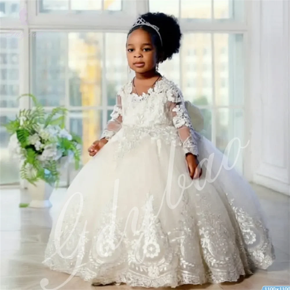 Little Kids Birthday Party Lvory Flower Girl Dresses for Bride Jewel Long Sleeves Appliqued Beaded Lace Tiered Tulle