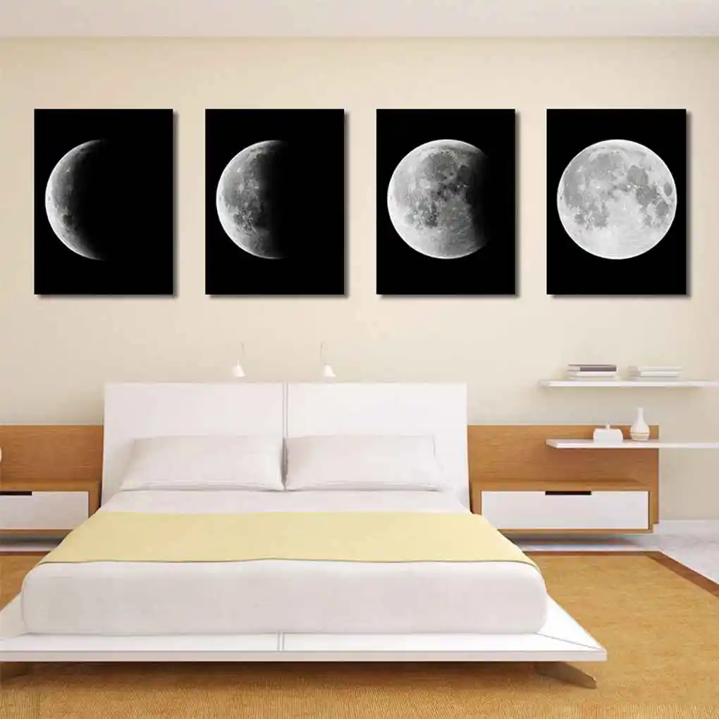 Minimalist Moon Phase Canvas Black White Printed Oil Painting Poster Picture for Home Office Decoration