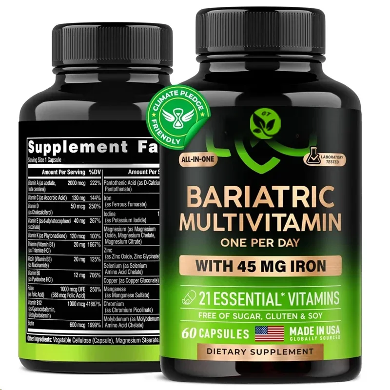 45 miligramas de suplemento complejo de vitamina y hierro, adecuado para hombres y mujeres, con 21 vitaminas esenciales y 60 cápsulas