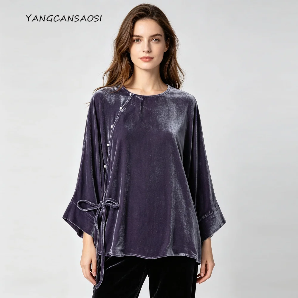 2026 Women's Clothing Elegant New Chinese 30% Natural Mulberry Silk Velvet Slanted Front Long Sleeve Retro Round Neck T-shirt