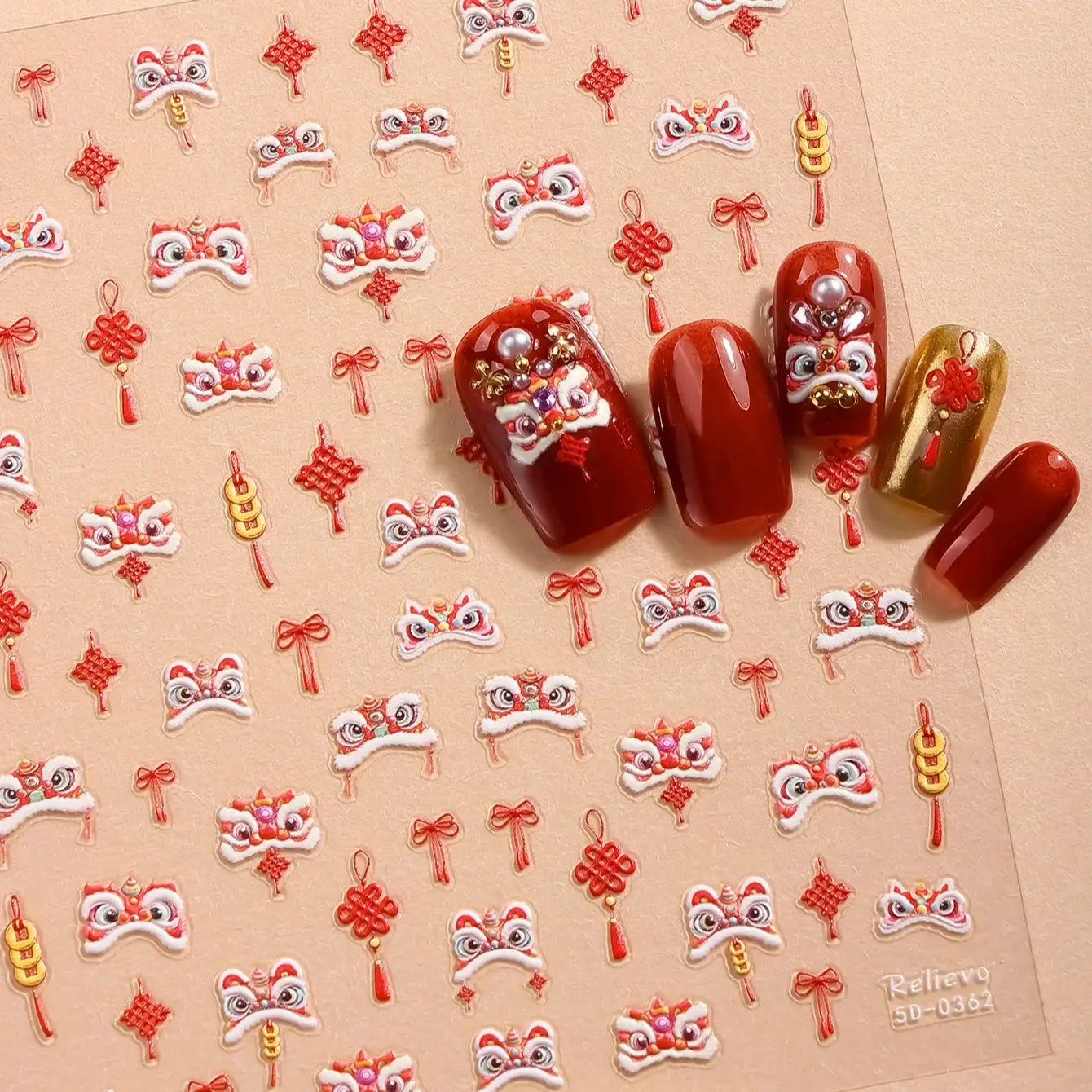5D New Year Nail Art Sticker Chinese Knot Dancing Lion Gold Coin Self-Adhesive Decals Sliders for Nails DIY Manicure Decoration