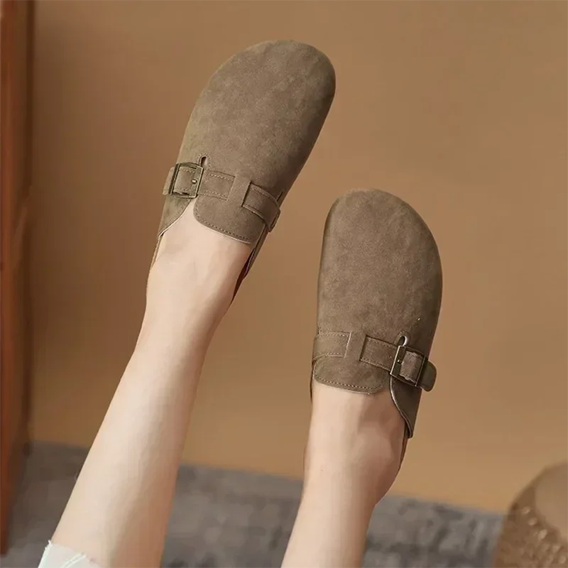 Faux Suede Flat Slippers Women Autumn Vintage Close Toe Mules Shoes Woman Soft Sole Cork Slides Outdoor Slippers