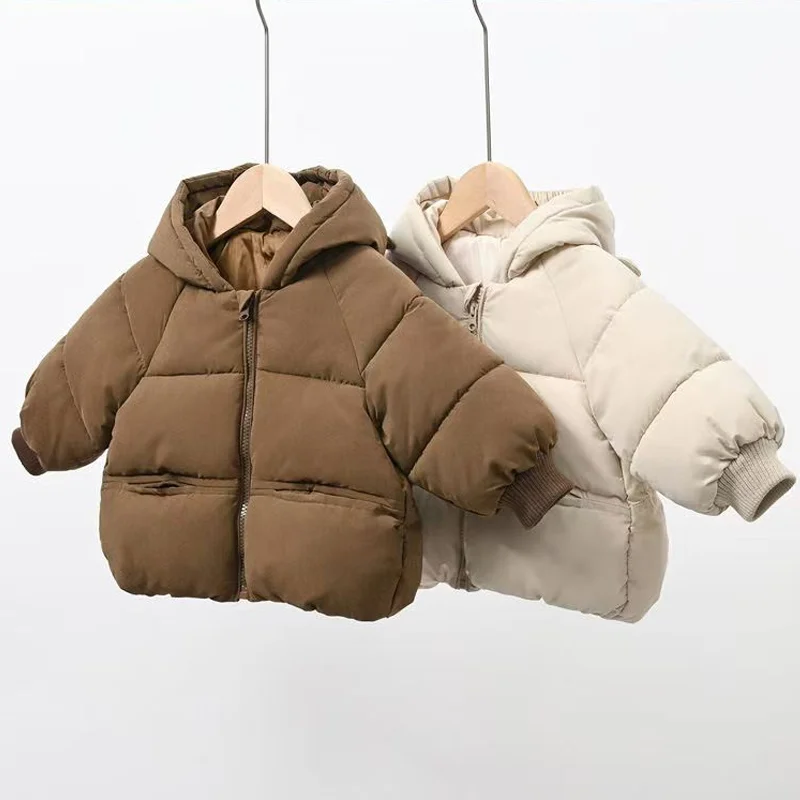 Boys Girls Thickened Down Coats Baby Winter Warm Hooded Jackets Outerwear Children Fashion Solid Color Coat Kids Casual Clothing