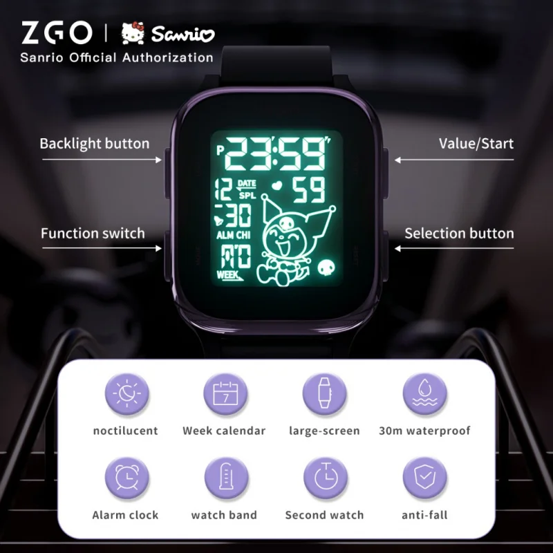 ZGO  Sanrio Kuromi Kids digital watch For girls Square Sporty Waterproof Electronic watch Alarm clock Gift 878