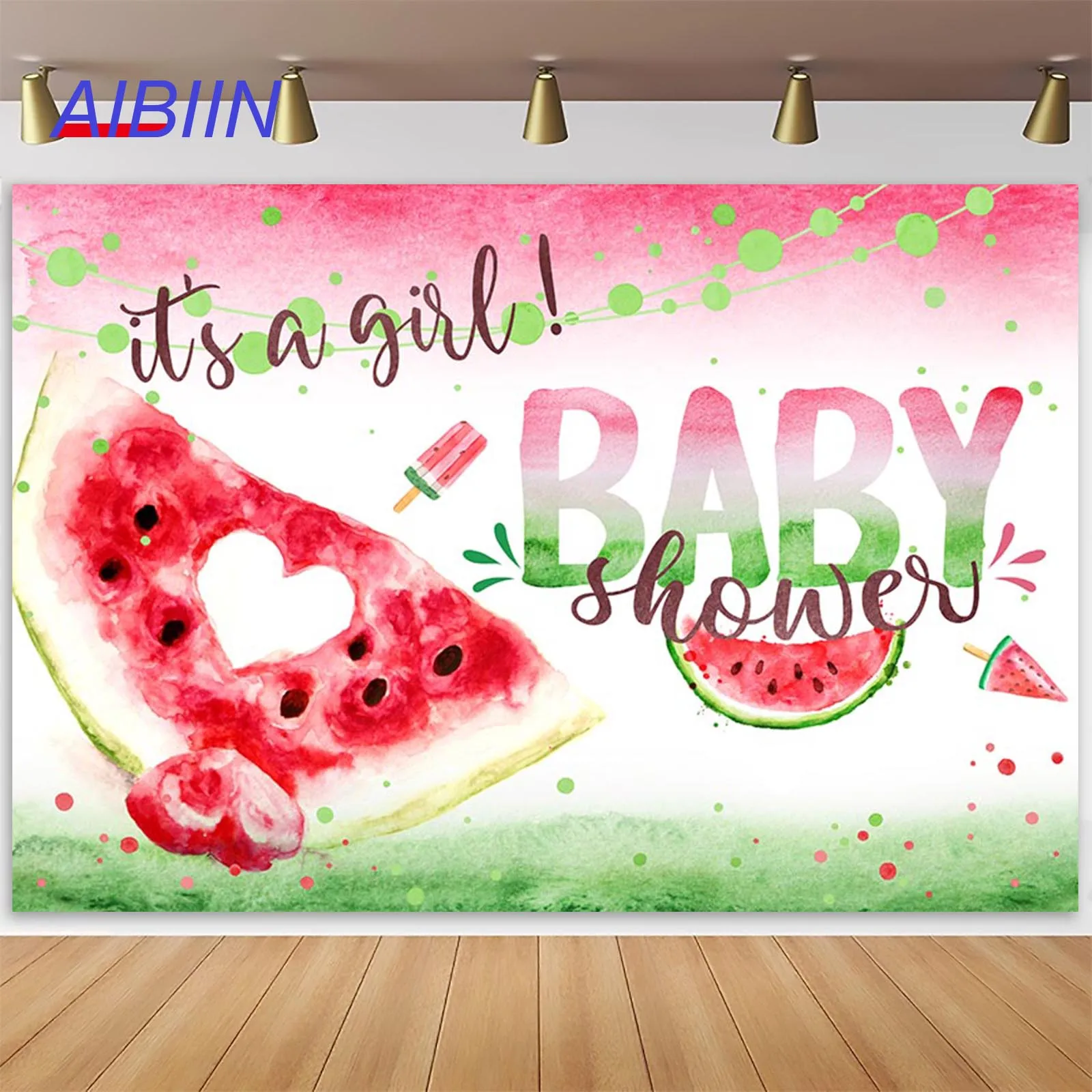 

AIBIIN Watermelon Girl Baby Shower Party Backdrops Red and Green Summer Fruit Sweet Dessert Table Photography Background Decor