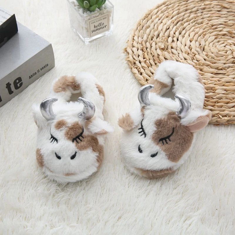 Fashion Toddler Boys Slippers for Winter Baby Loafers Plush Warm Cartoon Cows Rubber Sole Child Home Shoes Kids Indoor Footwear