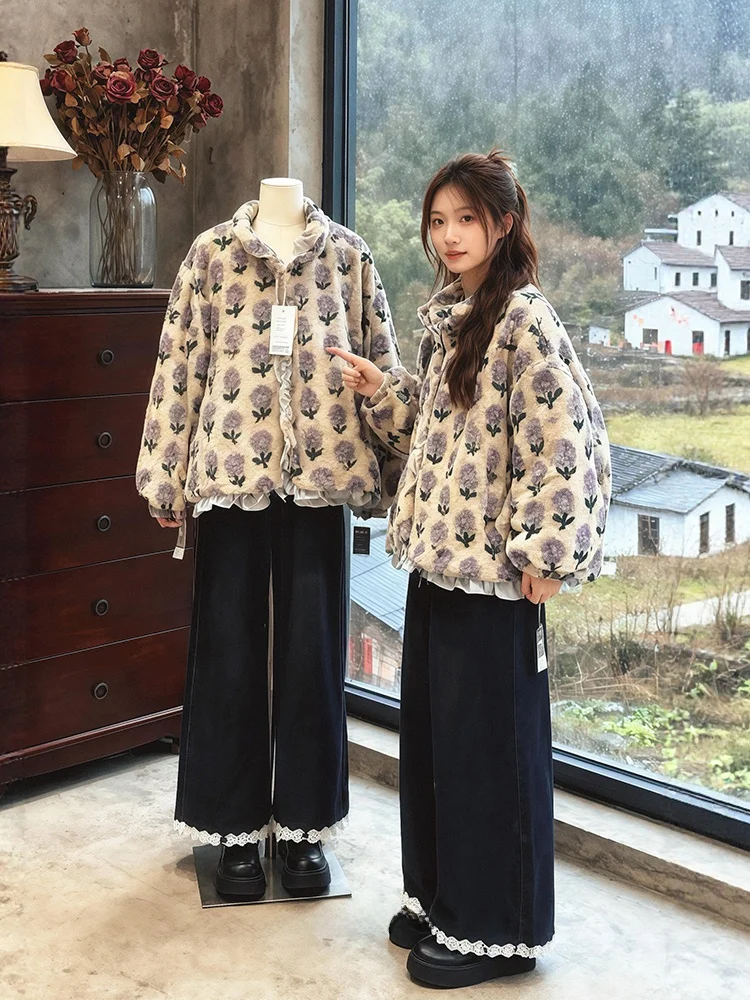 

Корейский Sle Thiened Lamb Fur Jaet и джинсы с рюшами больших размеров, зимний модный комплект для женщин, теплый уютный повседневный наряд