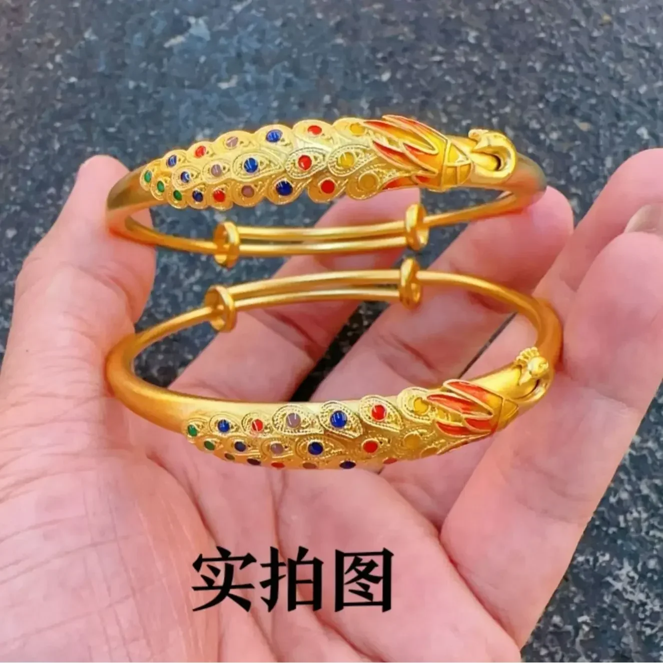 

24 K Enamel peacock bracelet color old French tide push pull ring for women 9999 real gold jewelry for women Holiday Gift