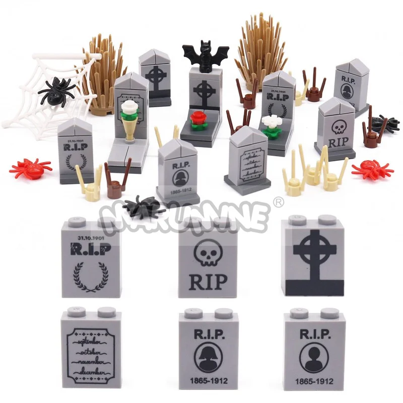 Marumine MOC Halloween-Bausteine, DIY-Druck, Grabstein, Friedhof, Ziegel, Modellbausatz, Zubehörteile, kompatibel mit 3245