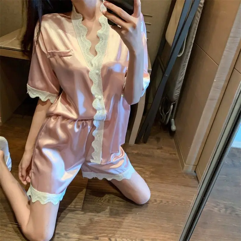 Ice Silk Thin Short Sleeved Lace Lacework Sleepwear Set Summer Pajama Women Sweet V-neck Casual Loose Comfortable Home Clothing