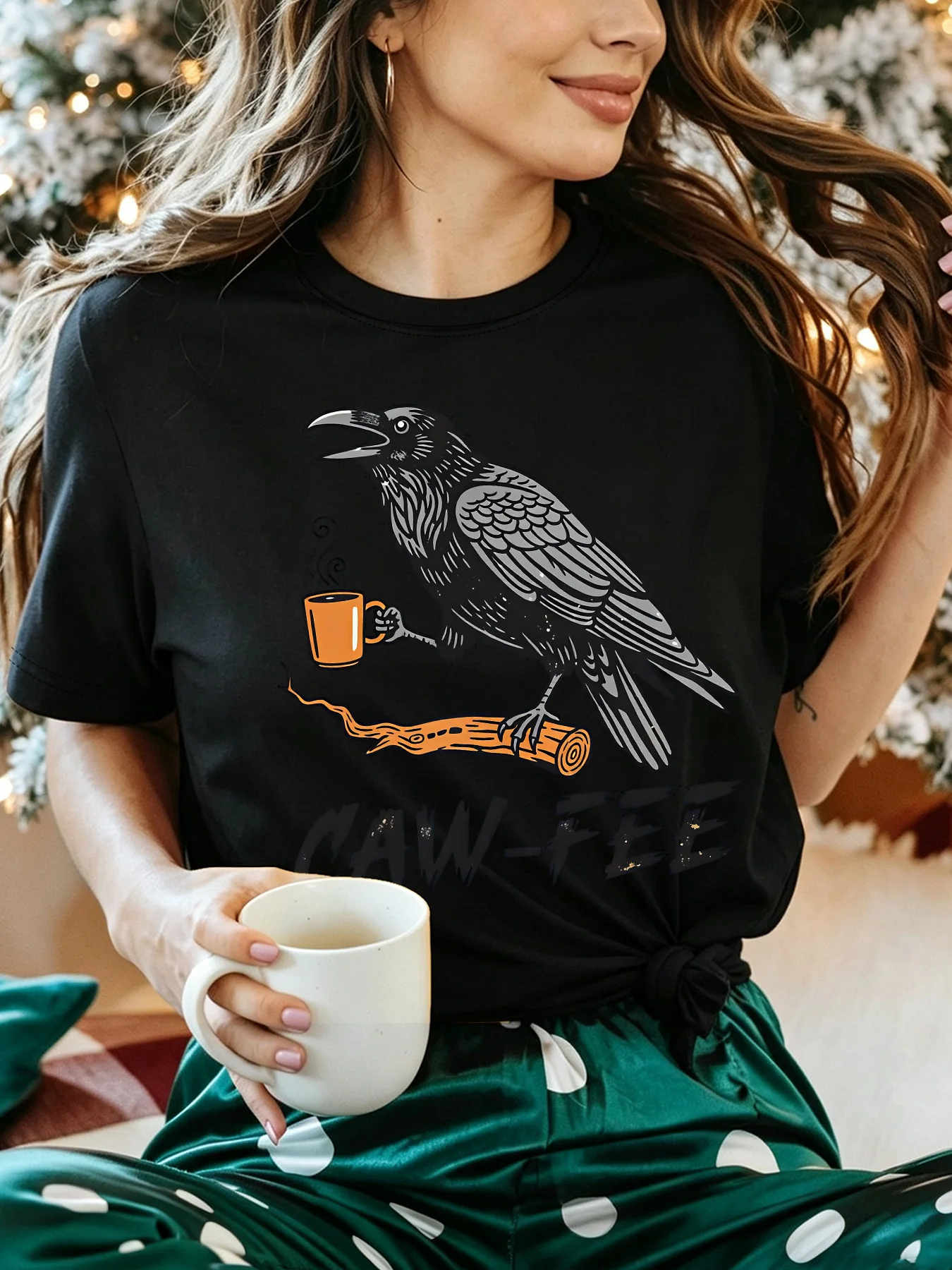 Women Crew Neck Tee Funny Raven Bird Caw Fee Coffee Pun Graphic Print Short Sleeve Loose Ladies Cotton Plus Size Casual Top