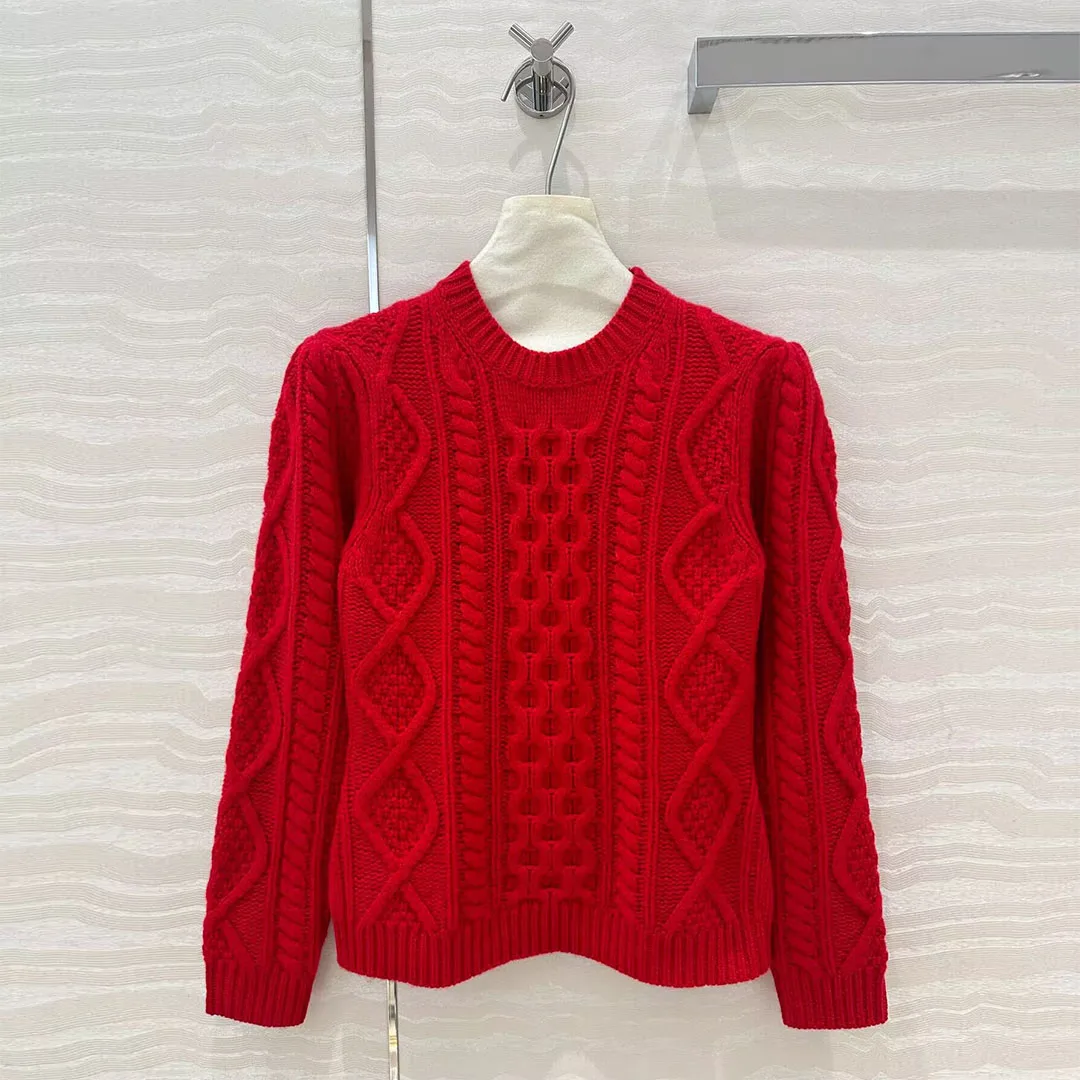 New Red Twist Crochet Preppy Style Knitted Jumper Women O-neck Long Sleeve Casual 100% Cashmere Pullover Sweet Sweater