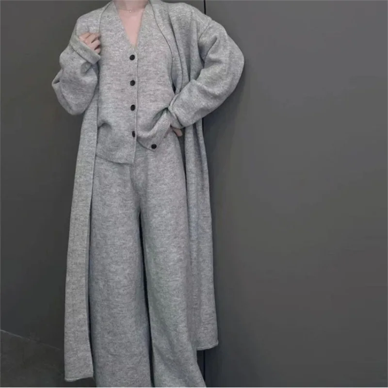 [EWQ] Single Breasted Tank Vest Long Sweater Cardigan And Elastic High Waist Trousers Women Knit 3 Piece Set 2024 Autumn 16O2345