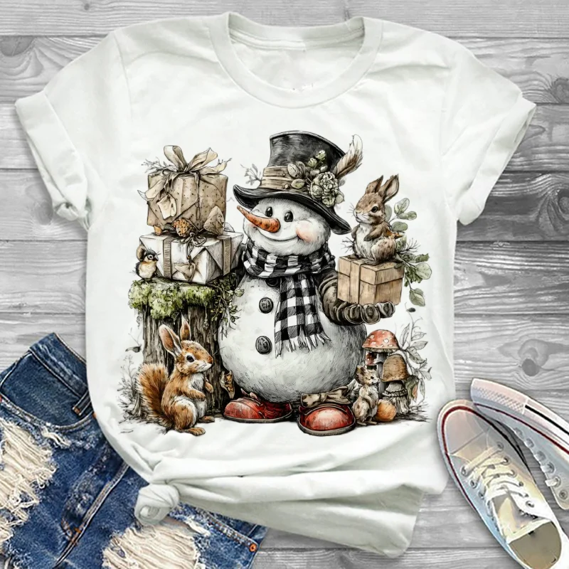 

Printed Pattern T-Shirt Popular Style Cute Casual 90s White Top Women's Short Sleeved New Year Holiday Christmas Regular T-Shirt