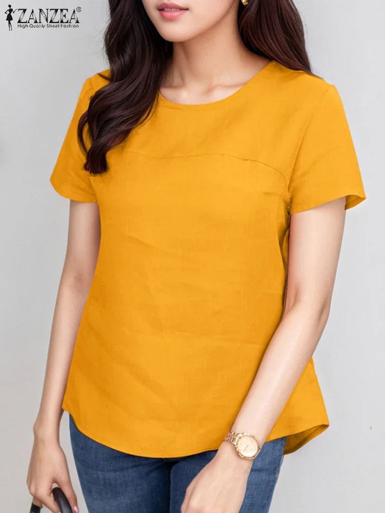 

ZANZEA Women Tunic Vintage Short Sleeve Blouse Summer O Neck Tops 2025 Fashion Solid Casual Loose Oversized Blusas Femininas