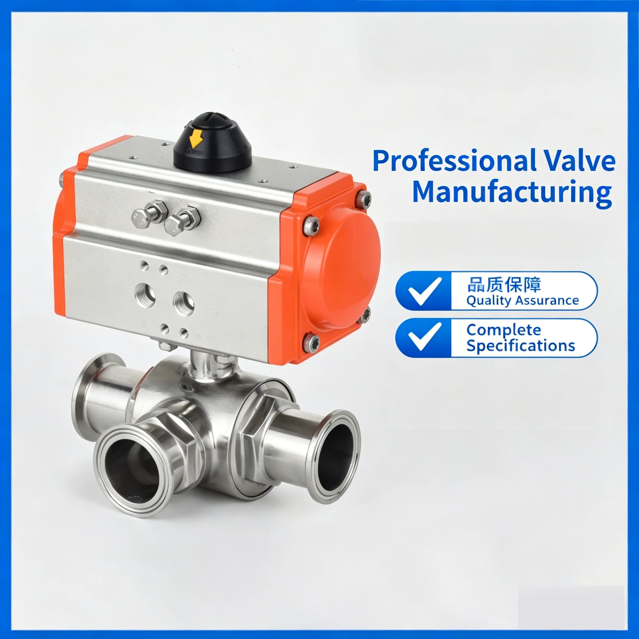 Three-Way ball Valve for Sanitary ApplicationsStainless Steel Tri-clamp Sanitary Pneumatic