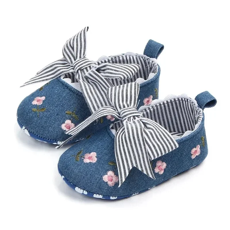 Meckior Bowknot sapatos impressos para meninas do bebê, sola macia, anti-derrapante, princesa rasa, primeiro Walker, berço, novo