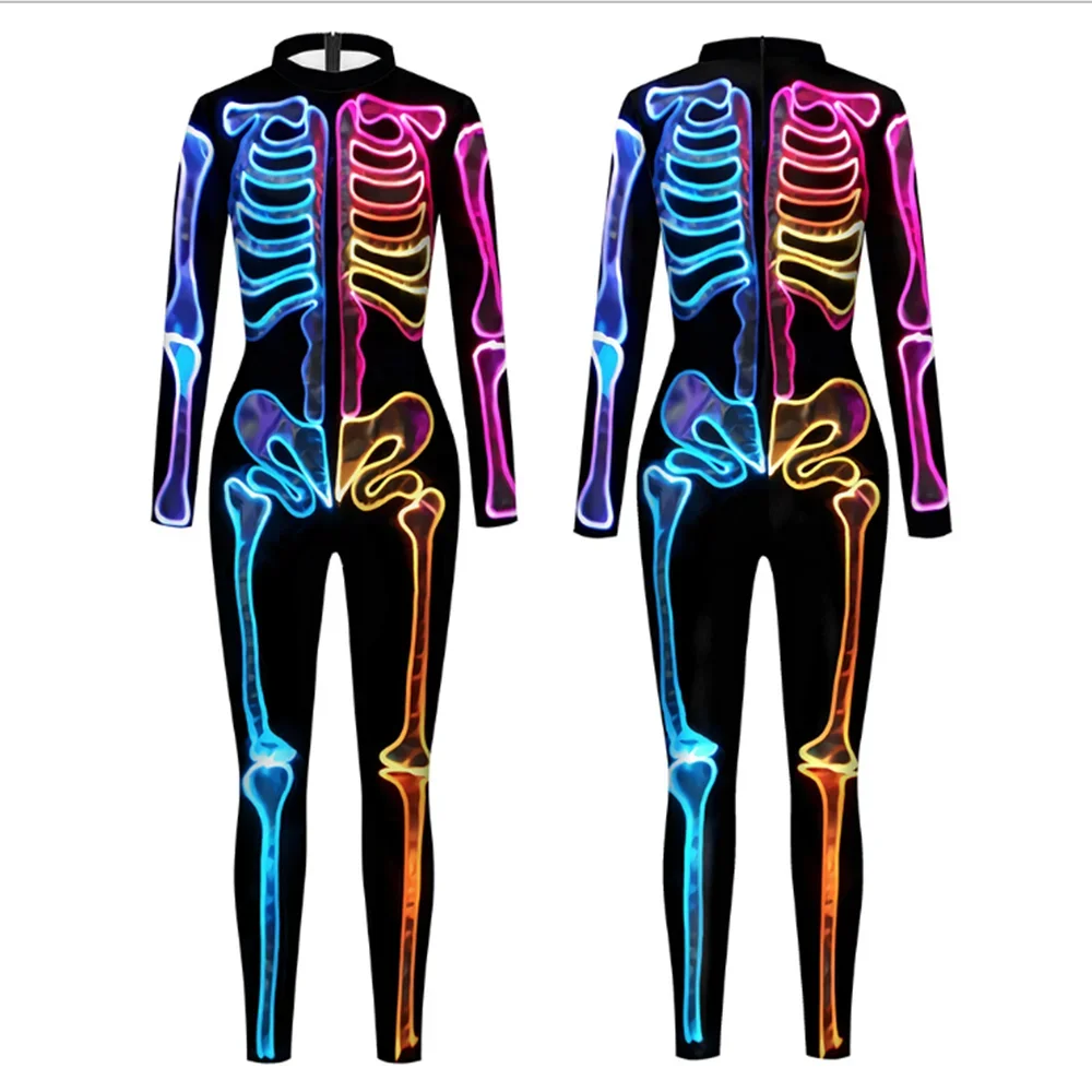 Halloween Cosplay Costume Adult Skeleton Rose Print Women Men Ghost Jumpsuit Party Carnival Performance Scary Bodysuit