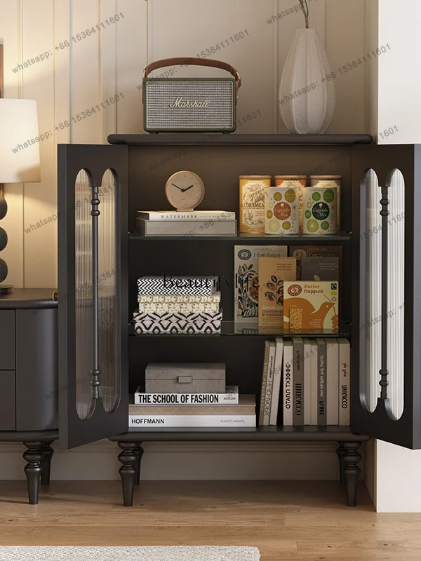 Factory DirectFrench Retro Black Solid Wood Living Room Dining Side Cabinet Wall-Mounted TV Side Cabinet