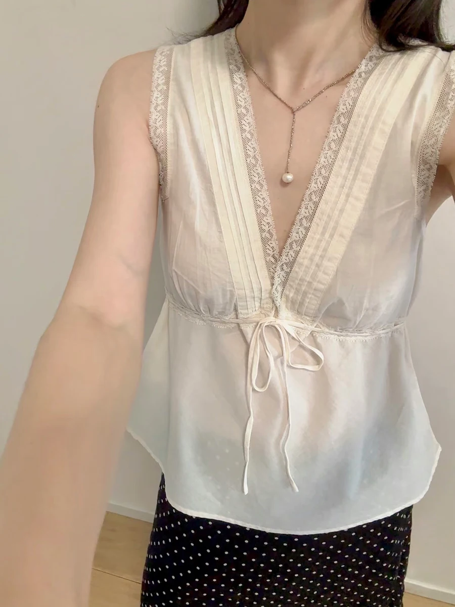 Lace Patchwork Beige Tank Tops Summer Deep V-neck Cotton Sleeveless A-line Camisole Female Solid Elegant Sweet Lace-up Vest New