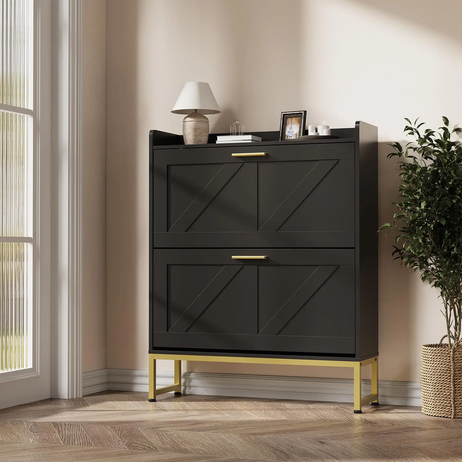 Narrow Shoe Cabinet For Entryway With 2-Tier Flip Drawers, Adjustable Shelves, Dustproof Back Panel, Freestanding Organizer