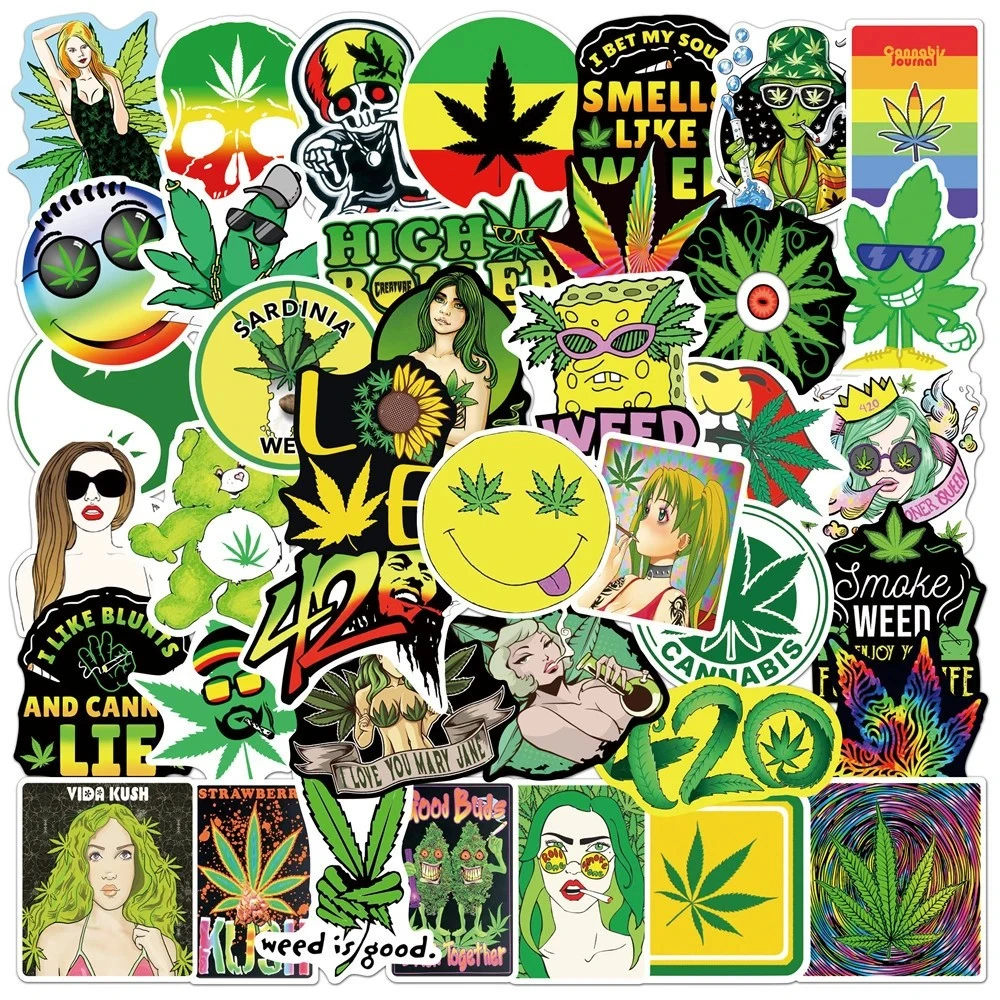 

50/100PCS Weed Leaves Spoof Characters Graffiti Stickers Cool Personalized Motorcycle Helmet Skateboard Waterproof Sticker