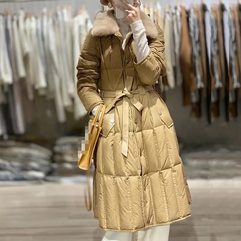 معطف طويل بياقة من فراء أرنب قضاعة، خصر نحيف سميك 2025 سترة دافئة راقية معاطف شتوية نسائية جديدة من Pinghu