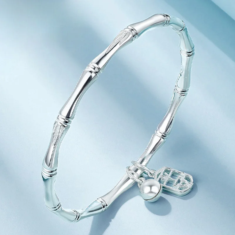 Chinese Auspicious Lucky S999 Pure Silver Bamboo Bangle Adjustable Push Pull Bracelet With Hollow Safety Lock and Small Bell Cha