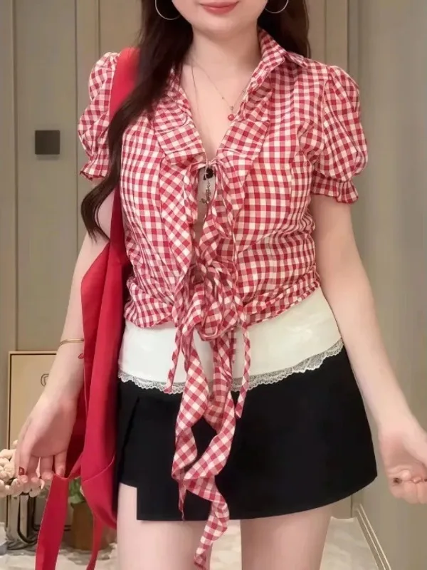 

Summer plus Size Women's Short Sleeve Open Cardigan Belted Waist Vintage Slimming Top Trendy Girl Style Shirt Korean Version